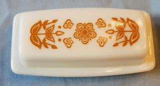 Vintage Pyrex Butterfly Gold Butter Dish White Opal Patterned Lid Yellow Orange 2