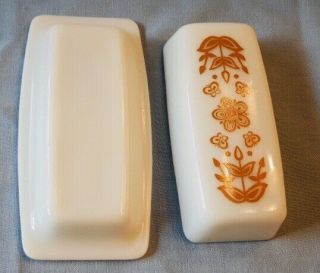 Vintage Pyrex Butterfly Gold Butter Dish White Opal Patterned Lid Yellow Orange 3