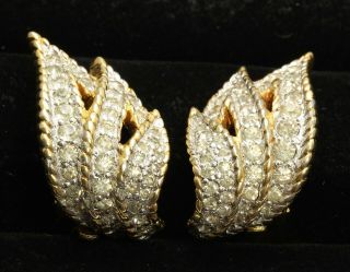 Vintage Jomaz Joseph Mazer Ornate Crystal Rhinestone Floral Leaf Clip Earrings