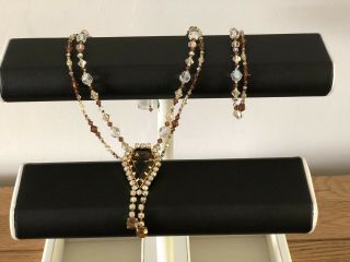 Upcycled Vintage Brooch Matching Beaded Gold Tone Necklace & Bracelet Set Unique