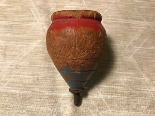 Vintage Wooden Spinning Top Toy Wood Metal Tip Blue Red Paint Antique