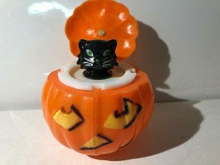 Vintage Hard Plastic Black Cat In A Pop Up Pumpkin Fun World With Yellow Eyes