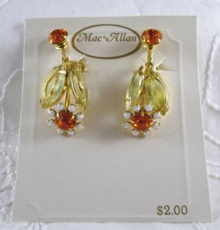 Nos Vintage Mac Allan Yellow & Orange Rhinestone Flower Clip Earrings - Prong Set