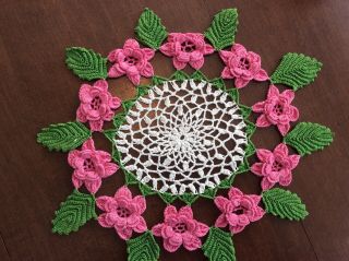 One Vintage 12” Round Hand Crochet White Doily With Pink Flowers And Green Trim