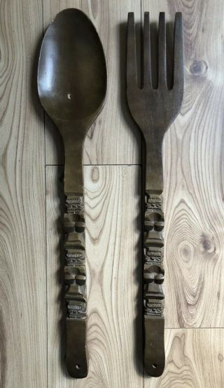Extra Large African Hand Carved Vintage Wooden Spoon And Fork 70 Cm Length
