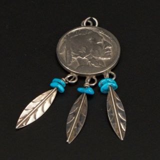 Vtg Sterling Silver Navajo Buffalo Nickel Turquoise Bead Feather Pendant - 6.  5g