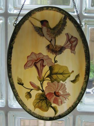 Vintage Stained Glass 9 " Hanging Hummingbird Suncatcher Lead Trim Shabby Chic