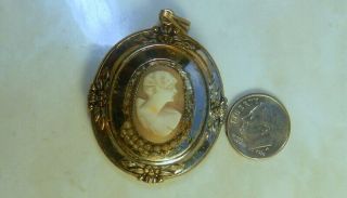 Coro Vintage Locket Pendant,  Carved Shell Comeo,  Gold Silver Tone 55 X 35 Mm