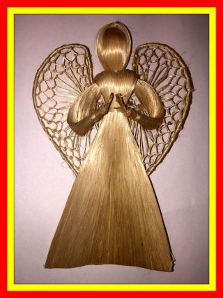 6 " Vintage Straw Angel Hand Made Wicker Corn Husk Doll Macrame Wings Folk Art