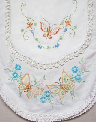 2 Vtg Hand Embroidered Butterfly Dresser Scarf Table Runner Cutter Craft