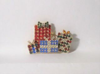 Vintage Gold - Tone Metal Multicolor Rhinestone Christmas Gift Parcels Pin Brooch