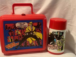 Dick Tracy Vintage Red Plastic Lunch Box With Thermos Disney Aladdin