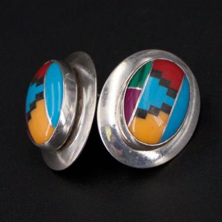VTG Sterling Silver - NAVAJO Turquoise Onyx Coral Mosaic Post Earrings - 4g 2