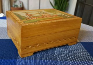 Vtg Hand Made Wooden Russian Trinket Box Moscow 5.  75in W 2.  75in T 4.  5in L Mockba 4
