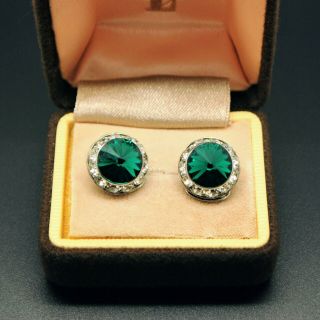 Vintage Jewellery Gorgeous Silver Tone Emerald Green Glass Rhinestone Earrings