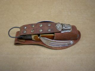Vintage Multi Tool Hobo Camp Knife Fork Spoon Combo Bone Handle Leather Case Jpn