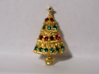 Vintage Gold - Tone Metal Red Green Rhinestone Christmas Tree Pin Brooch