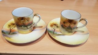 Two Hand Painted Vintage Japanese Demitasse Cups And Saucers