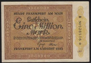 1923 1 Million Mark Frankfurt Germany Old Vintage Emergency Money Banknote Xf