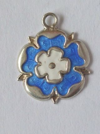 Vintage Sterling Silver Flower Charm White Rose Yorkshire Blue Background