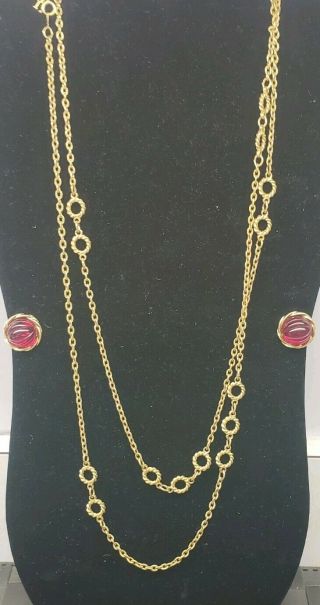 Vtg Trifari Textured Gold Tone Necklace & Red Gem Avon Clip On Earrings
