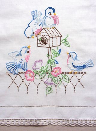 Vtg Hand Embroidered Dresser Scarf Table Runner Crochet Edge Blue Bird House