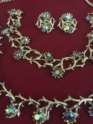 Vintage Aurora Borealis Rhinestone Necklace,  Bracelet,  & Clip - On Earrings Set