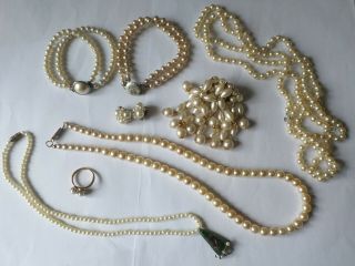 Vintage Faux Pearl Costume Jewellery Necklaces Bracelets Ring & Earrings