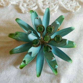Vintage Aqua Blue Enamel And Rhinestones Floral Flower Brooch Pin 2 "