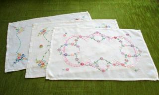 Vintage Tray Cloth - Hand Embroidered - Col.  Of 3