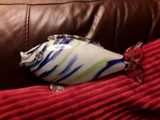 Vintage Murano Style Blue And White Green Glass Fish 235 Mm Long