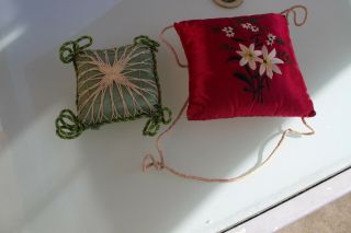 2 Exquisite Vintage Hand Embroidered & Lace Small Display Cushions Silk Fabric