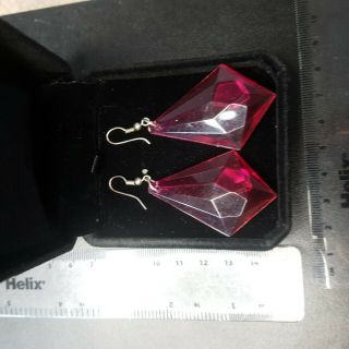 Vintage Large Pink Diamond Shape Dangle Fish Hook Earrings Costume Jewellery 2