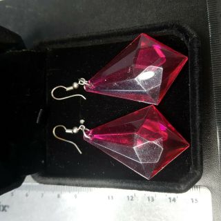 Vintage Large Pink Diamond Shape Dangle Fish Hook Earrings Costume Jewellery 3