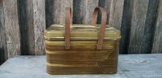 Vintage Metal Bread Box Picnic Basket Stimulated Wood Grain Tin Litho 10 X 13