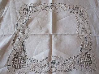 Vintage Irish Linen Tablecloth With Crochet Lace Inserts And Edging