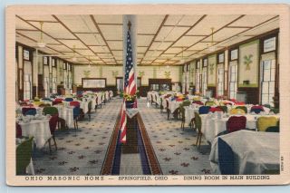 Postcard Oh Springfield Ohio Masonic Home Dining Room Interior Vintage Linen E03