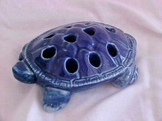 Vintage Cobalt Blue Figural Turtle Flower Frog Ceramic Made In Japan Figurine