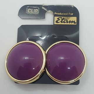 Vintage 80/90s Clip - On Earrings Plastic Statement Purple Round Large Disco Retro