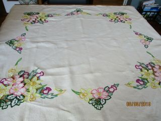 Vintage Creamy White Embroidered & Cut - Work Tablecloth 41 " X 38 "