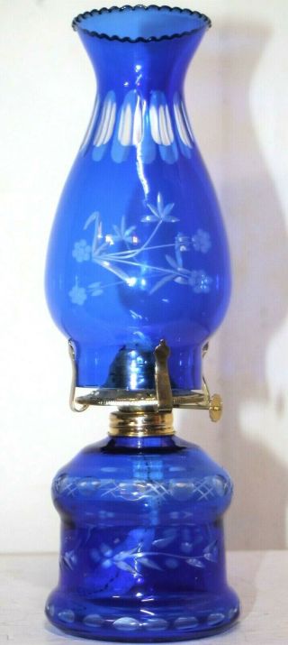 Vintage Bohemian Czech Blue Cut To Clear Glass Oil Lamp W/ Flat Wick.