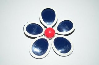 Red White & Blue Large Enamel Flower Vintage Pin Brooch 2 "