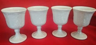 4 Vintage Indiana Colony White Milk Glass Harvest Grape Stemmed Goblets