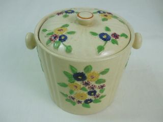 Vintage Beige Ceramic Pottery Biscuit Cookie Jar Lid Handles Flowers Japan