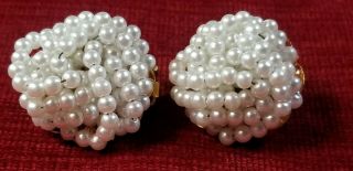Vintage Hobe Clip Earrings Faux Pearl Rolled Cluster Goldtone