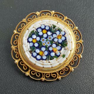 Signed Italy Vintage Micro Mosaic Italian Glass Flower Brooch Pin Gold Tone P36