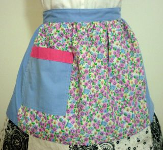 Vintage Hostess Half Apron Blue / Pink & Blue Flowers Kitchen Hens Party Gift