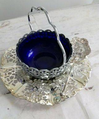Vintage Silver Plate Blue Glasd Sugar Bowl With Spoon And Tray