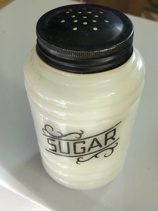 Vintage Hazel Atlas Beehive Rib Sugar Shaker Milk Glass W Black Letters