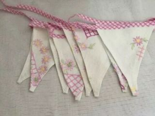 Vintage Bunting Pink Embroidered Floral Unique Handmade Shabby Chic 2m